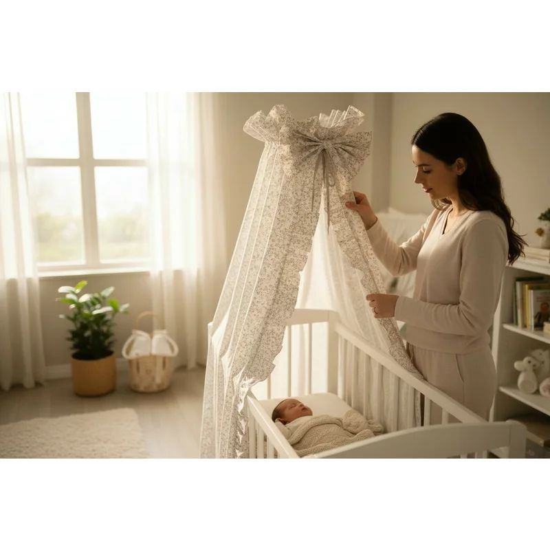 Baldachin, MimiNu, Premium, Pentru patut, Cu funda si volanas, 210x145 cm, Material certificat Oeko Tex Standard 100, Meadow