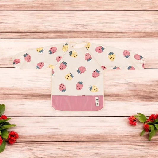 Baveta impermeabila, Petite&Mars, Cu maneci lungi, Usor de curatat, inchidere prin velcro, Dimensiune 38x42 cm, 24 luni+, Beige Strawberies