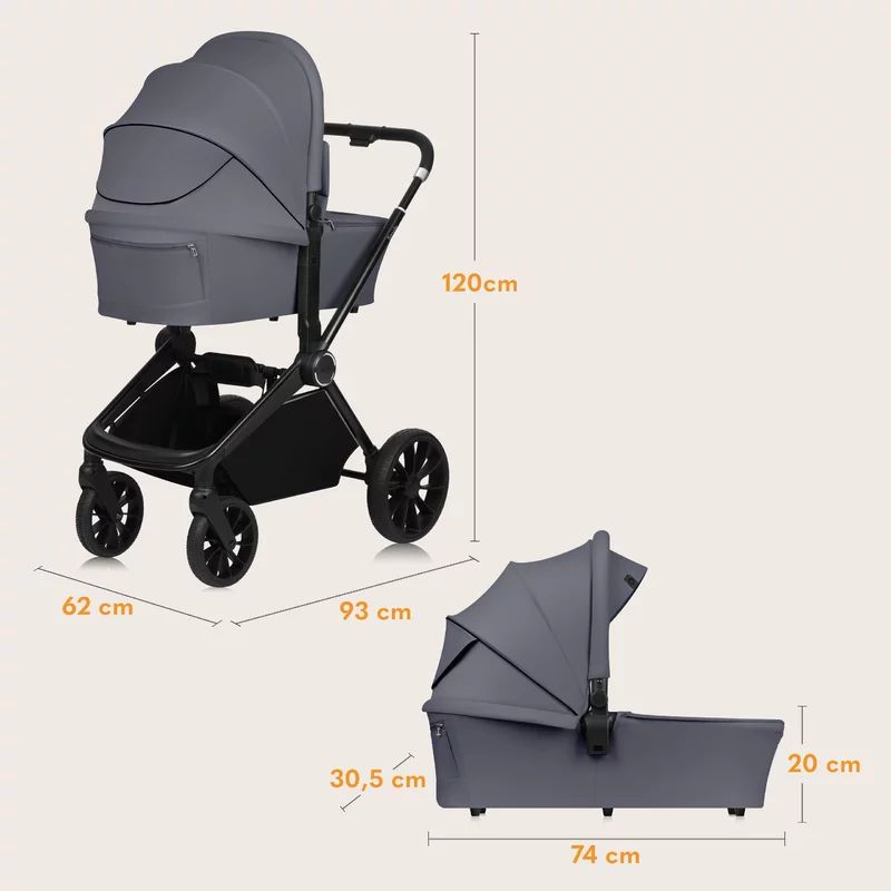 Carucior 2 in 1, Lionelo, Mika Plus, Cadru din aluminiu, Cu landou intarit si salteluta moale, Reversibil, Cu sistem de ventilatie 3D, Cu accesorii, Pana la 22 kg, Conform cu EN1888-1 EN1888-2, EN1466, Gri