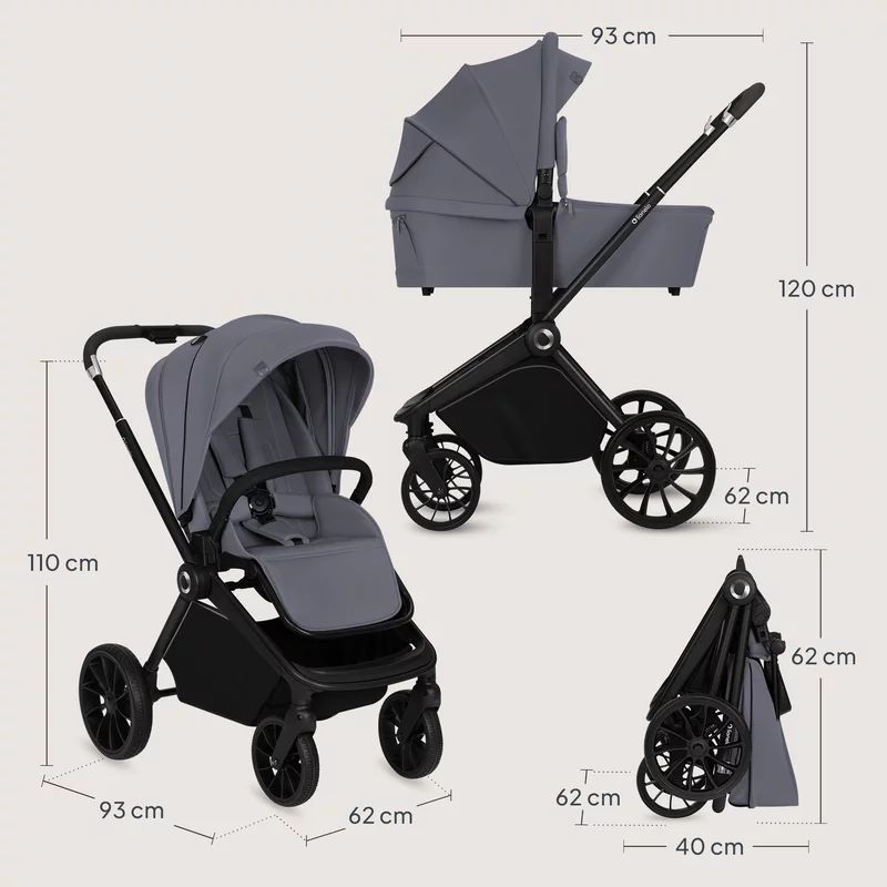Carucior 2 in 1, Lionelo, Mika Plus, Cadru din aluminiu, Cu landou intarit si salteluta moale, Reversibil, Cu sistem de ventilatie 3D, Cu accesorii, Pana la 22 kg, Conform cu EN1888-1 EN1888-2, EN1466, Gri