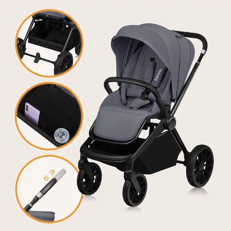 Carucior 2 in 1, Lionelo, Mika Plus, Cadru din aluminiu, Cu landou intarit si salteluta moale, Reversibil, Cu sistem de ventilatie 3D, Cu accesorii, Pana la 22 kg, Conform cu EN1888-1 EN1888-2, EN1466, Gri