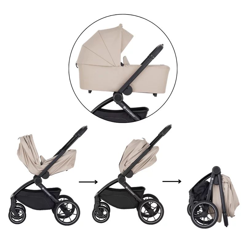 Carucior 2 in 1, Petite&Mars, Scout, Cu landou pliabil, Reversibil, Spatar si suport de picioare reglabile in 3 pozitii, Maner ajustabil, Cu accesorii, Pana la 22 kg, 0 luni+, Gri