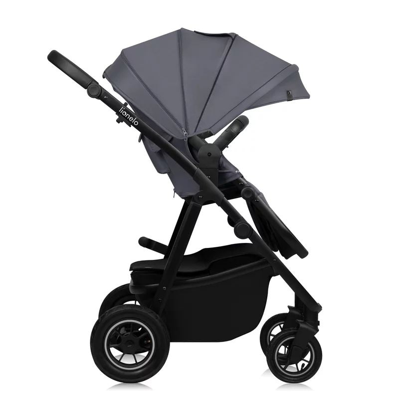 Carucior 3 in 1, Lionelo, Amber Plus, Cadru aluminiu, Cu landou intarit si salteluta moale, Cu scoica auto testata ADAC, Reversibil, Maner ajustabil, Cu accesorii, Cu ventilatie panoramica 3D, Pana la 22 kg, EN1888-1, EN1888-2, EN1466, ECE R129, Gri