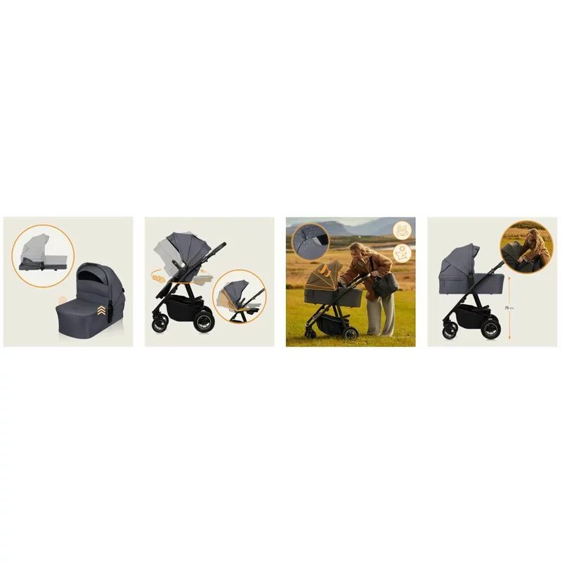 Carucior 3 in 1, Lionelo, Amber Plus, Cadru aluminiu, Cu landou intarit si salteluta moale, Cu scoica auto testata ADAC, Reversibil, Maner ajustabil, Cu accesorii, Cu ventilatie panoramica 3D, Pana la 22 kg, EN1888-1, EN1888-2, EN1466, ECE R129, Gri
