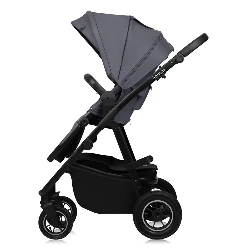 Carucior 3 in 1, Lionelo, Amber Plus, Cadru aluminiu, Cu landou intarit si salteluta moale, Cu scoica auto testata ADAC, Reversibil, Maner ajustabil, Cu accesorii, Cu ventilatie panoramica 3D, Pana la 22 kg, EN1888-1, EN1888-2, EN1466, ECE R129, Gri
