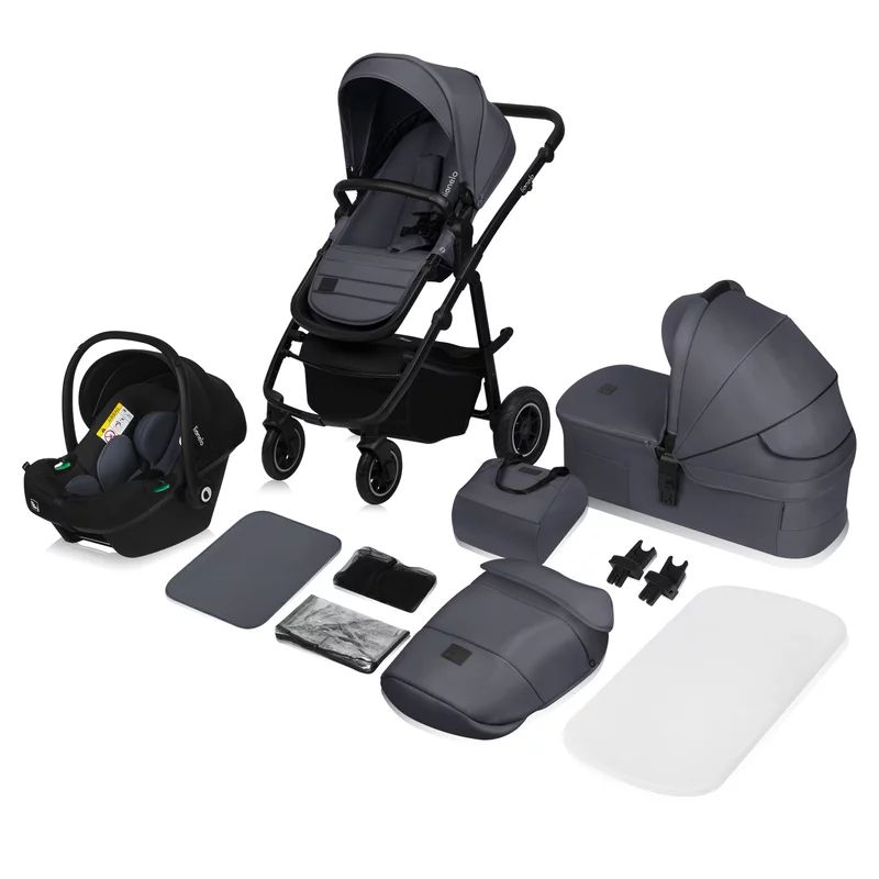 Carucior 3 in 1, Lionelo, Amber Plus, Cadru aluminiu, Cu landou intarit si salteluta moale, Cu scoica auto testata ADAC, Reversibil, Maner ajustabil, Cu accesorii, Cu ventilatie panoramica 3D, Pana la 22 kg, EN1888-1, EN1888-2, EN1466, ECE R129, Gri