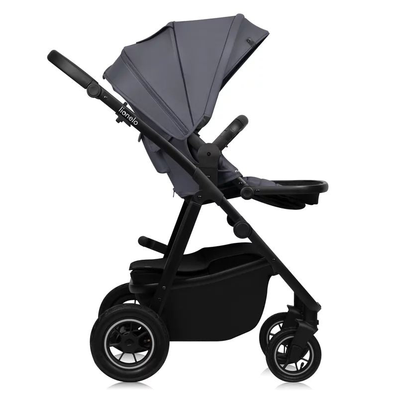 Carucior 3 in 1, Lionelo, Amber Plus, Cadru aluminiu, Cu landou intarit si salteluta moale, Cu scoica auto testata ADAC, Reversibil, Maner ajustabil, Cu accesorii, Cu ventilatie panoramica 3D, Pana la 22 kg, EN1888-1, EN1888-2, EN1466, ECE R129, Gri