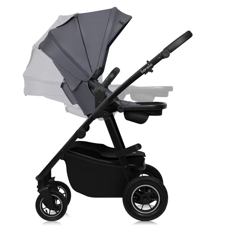 Carucior 3 in 1, Lionelo, Amber Plus, Cadru aluminiu, Cu landou intarit si salteluta moale, Cu scoica auto testata ADAC, Reversibil, Maner ajustabil, Cu accesorii, Cu ventilatie panoramica 3D, Pana la 22 kg, EN1888-1, EN1888-2, EN1466, ECE R129, Gri