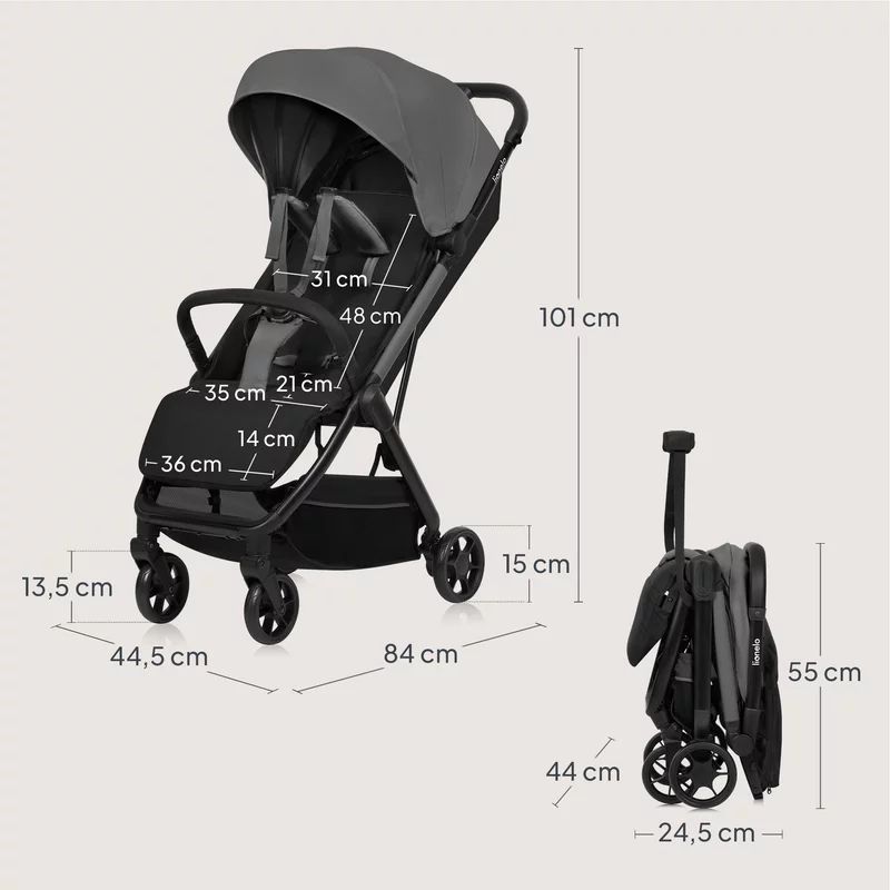 Carucior sport, Lionelo, Julie Air, Greutate redusa - 7.5 kg, Sustine 22 kg, 6 luni+, Capotina impermeabila, Protectie SPF 50+, Include suport sticla, Pliere compacta pentru calatorii, Conform cu EN1888-1 si EN1888-2, Gri