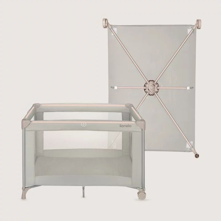 Patut pliant, Lionelo, Amelie, Cu intrare laterala, 100.5×70.5 cm, Include salteluta, roti, geanta pentru transport, Constructie usoara- 7 kg, Cadru stabil din otel, Bej