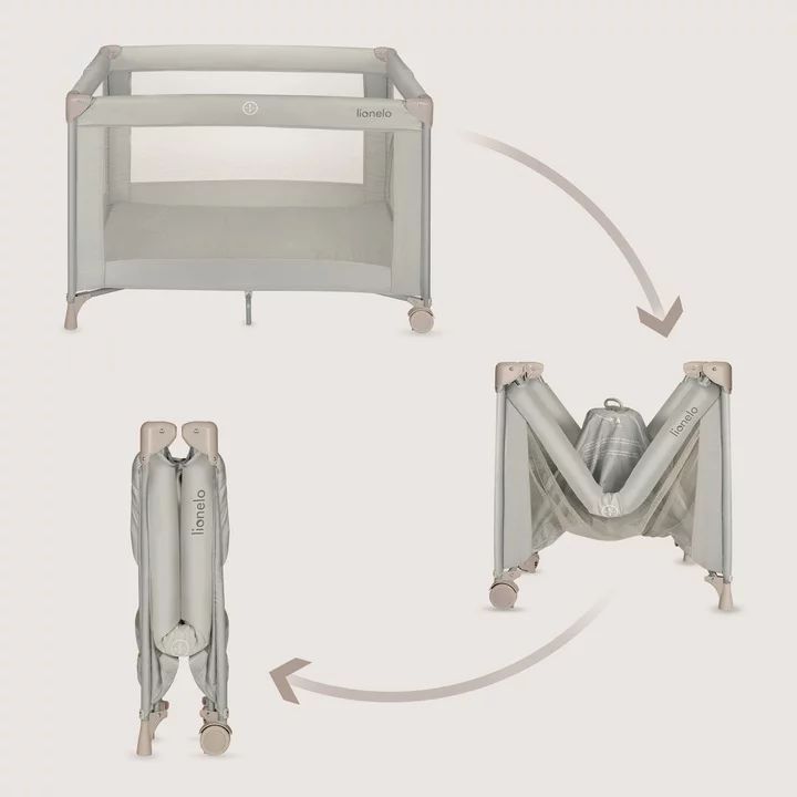 Patut pliant, Lionelo, Amelie, Cu intrare laterala, 100.5×70.5 cm, Include salteluta, roti, geanta pentru transport, Constructie usoara- 7 kg, Cadru stabil din otel, Bej