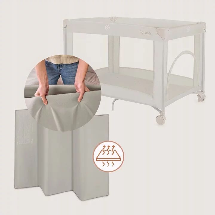 Patut pliant, Lionelo, Amelie, Cu intrare laterala, 100.5×70.5 cm, Include salteluta, roti, geanta pentru transport, Constructie usoara- 7 kg, Cadru stabil din otel, Bej