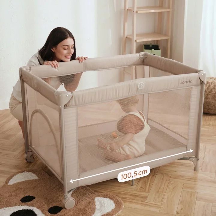 Patut pliant, Lionelo, Amelie, Cu intrare laterala, 100.5×70.5 cm, Include salteluta, roti, geanta pentru transport, Constructie usoara- 7 kg, Cadru stabil din otel, Bej