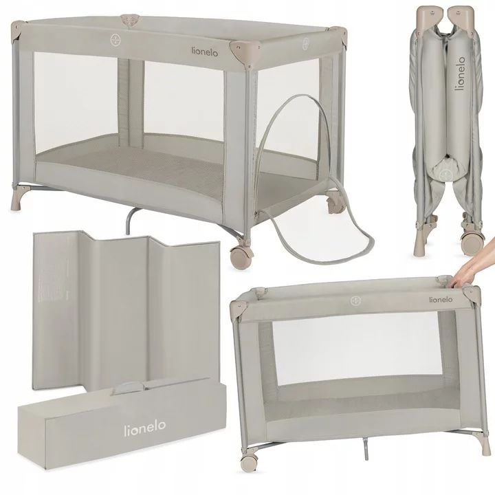 Patut pliant, Lionelo, Amelie, Cu intrare laterala, 100.5×70.5 cm, Include salteluta, roti, geanta pentru transport, Constructie usoara- 7 kg, Cadru stabil din otel, Bej