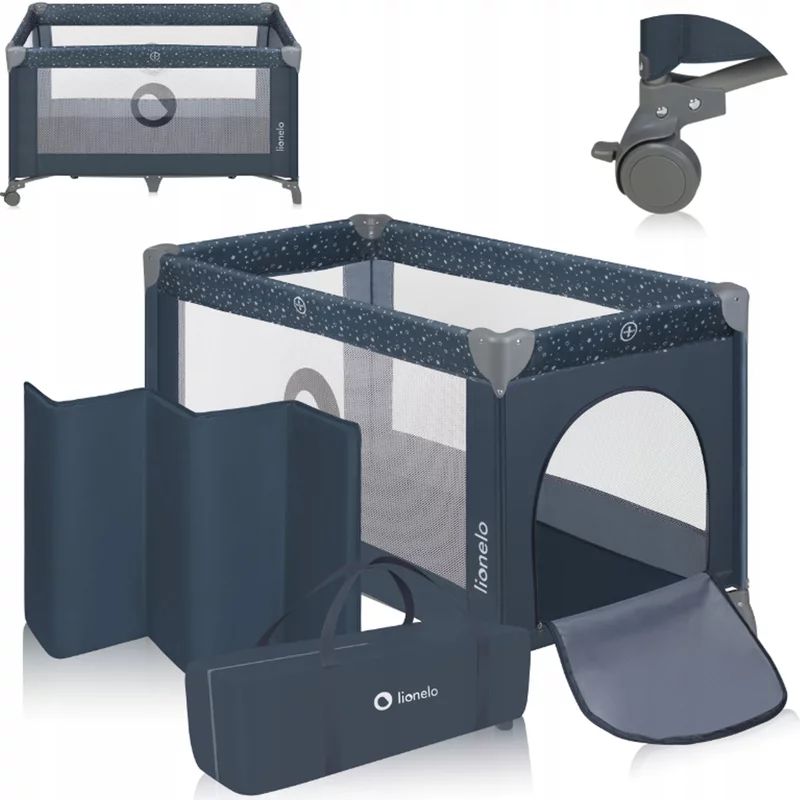Patut pliant, Lionelo, Stefi, Cu un nivel, Cu intrare laterala cu fermoar, 2 roti, 120x60 cm, Conform cu standardul european de securitate EN 716, Albastru