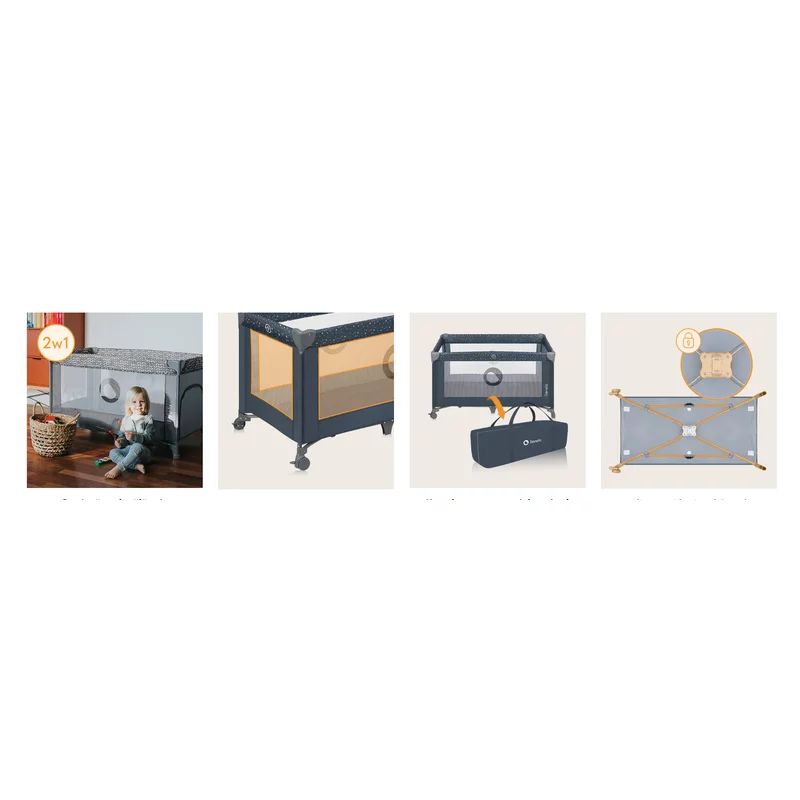Patut pliant, Lionelo, Stefi, Cu un nivel, Cu intrare laterala cu fermoar, 2 roti, 120x60 cm, Conform cu standardul european de securitate EN 716, Albastru