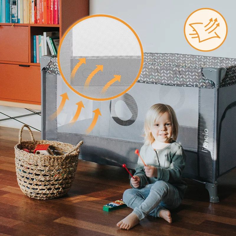Patut pliant, Lionelo, Stefi, Cu un nivel, Cu intrare laterala cu fermoar, 2 roti, 120x60 cm, Conform cu standardul european de securitate EN 716, Negru