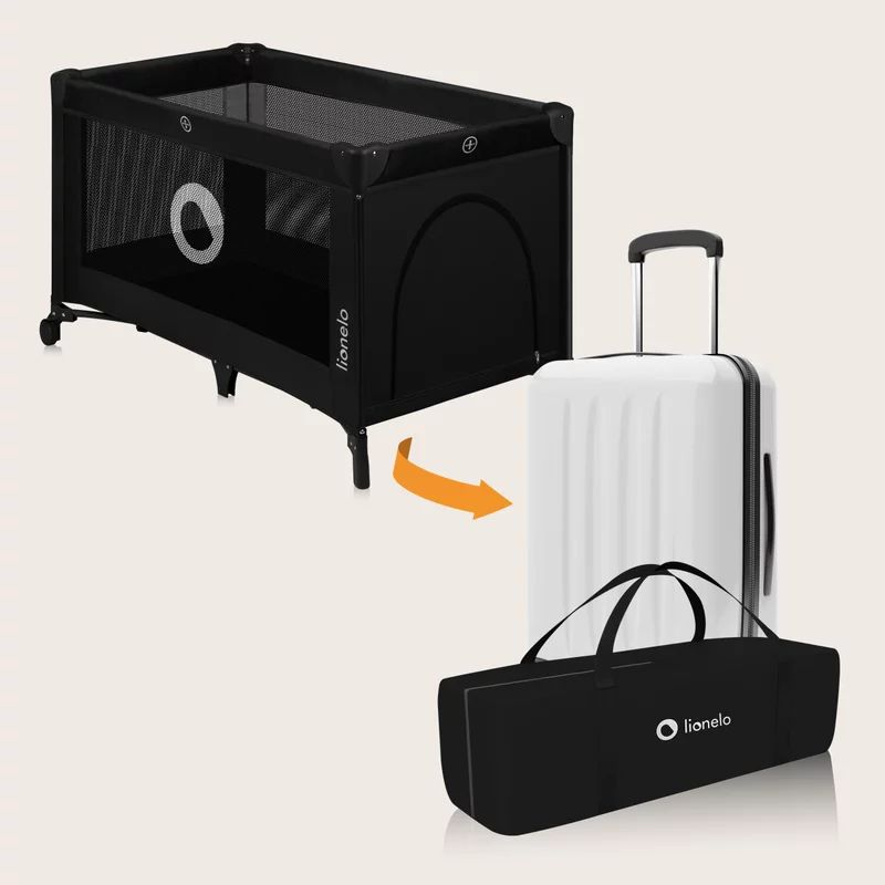 Patut pliant, Lionelo, Stefi, Cu un nivel, Cu intrare laterala cu fermoar, 2 roti, 120x60 cm, Conform cu standardul european de securitate EN 716, Negru
