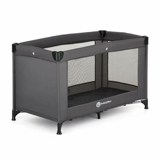 Patut pliant, Petite&Mars, Koot, 120 x 60 cm, Cu roti, Functie de tarc, Pliere compacta, Include geanta de transport, Intrare laterala cu fermoar, Pereti din plasa, Pana la 15 kg, 0-30 luni, Gri Charcoal