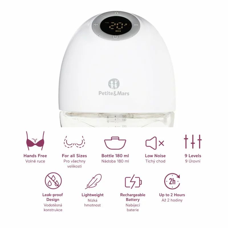Pompa de san, Petite&Mars, Gaia Duo, Portabila, Cu 3 moduri, Panou control, Autonomie pana la 2.5 h, 9 functii de masaj, Silentioasa- 55db, Capacitate 180 ml, Alb