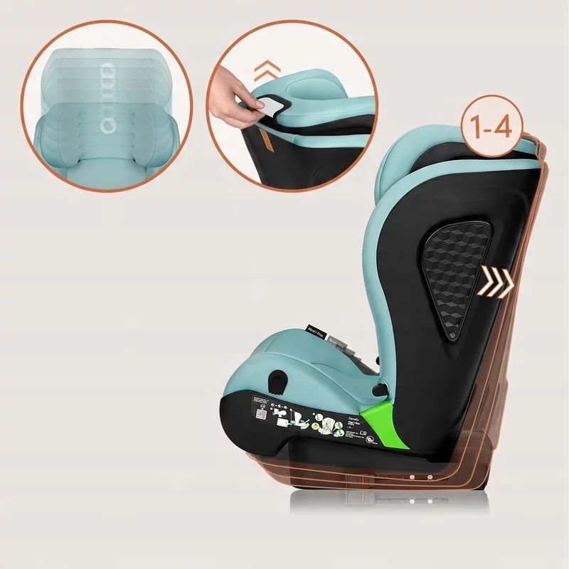 Scaun auto i-Size, Lionelo, Neal, Spatar reglabil in 4 pozitii, Tetiera in 10 pozitii, Suport sticla inclus, 15-36 Kg, 100-150 cm, Cu Isofix, Conform ECE R129, Verde Turquoise