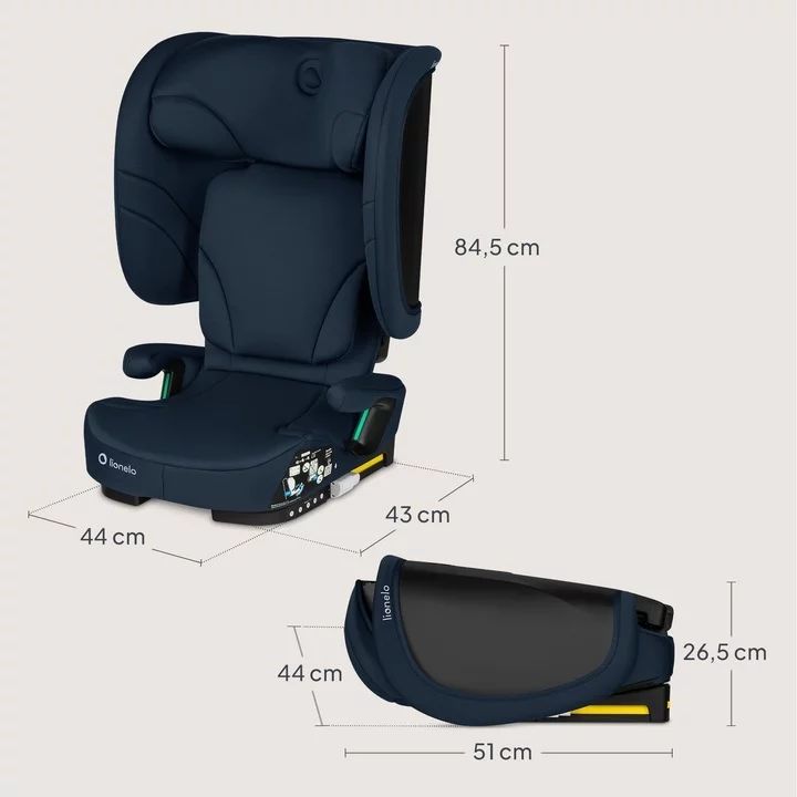 Scaun auto pliabil, Lionelo, Orin, i-Size, 100-150 cm, Tetiera reglabila in 14 pozitii, Spatar in 4 pozitii, Isofix+Top Tether, Sezut ergonomic, Husa transport, Suport sticla, Albastru