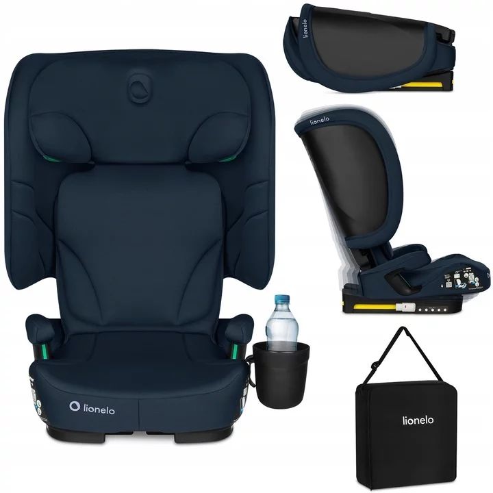 Scaun auto pliabil, Lionelo, Orin, i-Size, 100-150 cm, Tetiera reglabila in 14 pozitii, Spatar in 4 pozitii, Isofix+Top Tether, Sezut ergonomic, Husa transport, Suport sticla, Albastru
