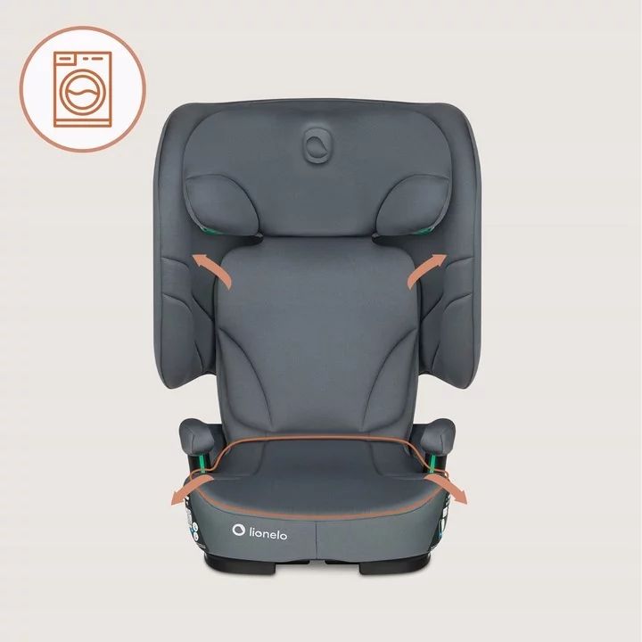 Scaun auto pliabil, Lionelo, Orin, i-Size, 100-150 cm, Tetiera reglabila in 14 pozitii, Spatar in 4 pozitii, Isofix+Top Tether, Sezut ergonomic, Husa transport, Suport sticla, Gri Grafit