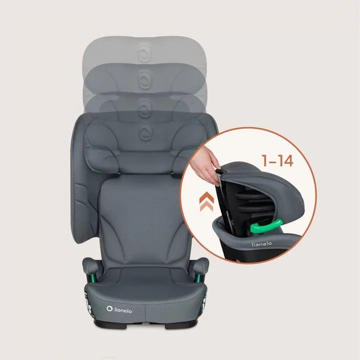 Scaun auto pliabil, Lionelo, Orin, i-Size, 100-150 cm, Tetiera reglabila in 14 pozitii, Spatar in 4 pozitii, Isofix+Top Tether, Sezut ergonomic, Husa transport, Suport sticla, Gri Grafit