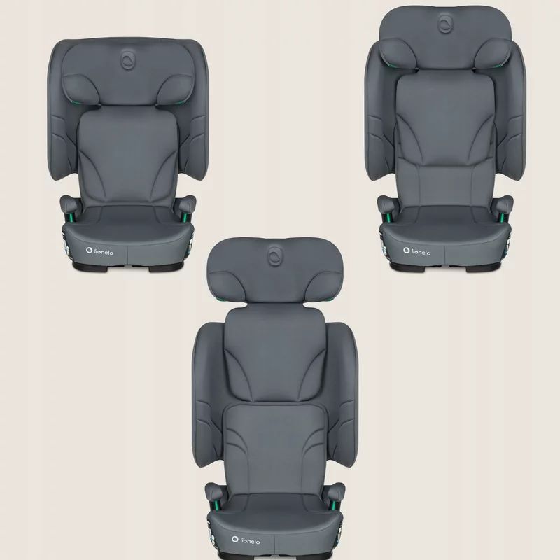 Scaun auto pliabil, Lionelo, Orin, i-Size, 100-150 cm, Tetiera reglabila in 14 pozitii, Spatar in 4 pozitii, Isofix+Top Tether, Sezut ergonomic, Husa transport, Suport sticla, Gri Grafit