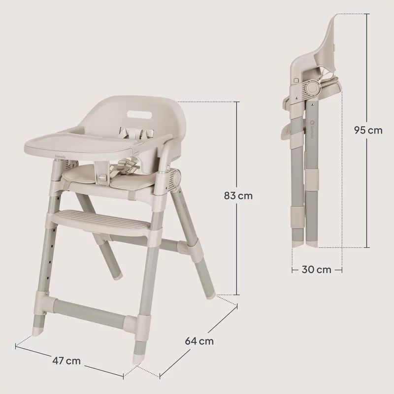 Scaun de masa, Lionelo, Matt, 3 in 1, Pliabil, Cu tava detasabila, Cu centuri de siguranta in 5 puncte, Suport pentru picioare si sezut reglabile, Pana la 110 kg, 6 luni – adult, Bej