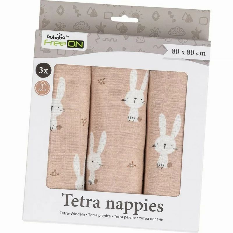 Set 3 scutece tetra, Bubaba, Din bumbac, 80x80 cm, Beige Bunnies