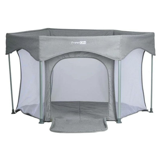 Tarc de joaca, FreeON, Hexagon, Pliabil, Intrare cu fermoar, Cu geanta de transport, 117 x 74 cm, Grey