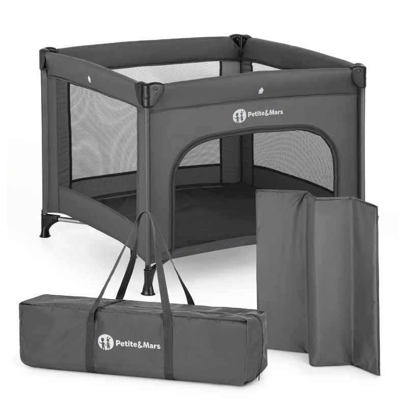 Tarc pliant, Petite&Mars, Nook, 90 x 90 cm, Pliere compacta, Include geanta de transport, Intrare laterala, Pereti din plasa, Structura stabila, Pana la 15 kg, 0 luni+, Gri