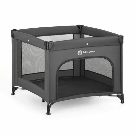 Tarc pliant, Petite&Mars, Nook, 90 x 90 cm, Pliere compacta, Include geanta de transport, Intrare laterala, Pereti din plasa, Structura stabila, Pana la 15 kg, 0 luni+, Gri