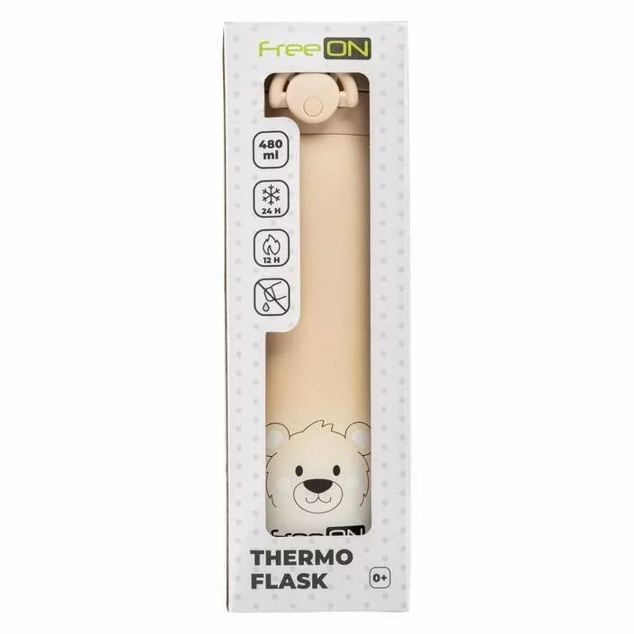 Termos lichide, FreeON, Din otel inoxidabil, Cu mentinere de temperatura de pana la 12 ore, 480 ml, Beige