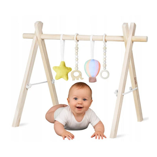 Arcada de activitati Montessori, Lionelo, Anis, Din lemn de pin, Jucarii plus, 4 jucarii suspendate, Stimuleaza simturile, Pliere rapida, 0+ luni, Multicolor