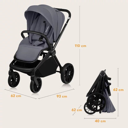 Carucior 2 in 1, Lionelo, Mika Plus, Cadru din aluminiu, Cu landou intarit si salteluta moale, Reversibil, Cu sistem de ventilatie 3D, Cu accesorii, Pana la 22 kg, Conform cu EN1888-1 EN1888-2, EN1466, Gri