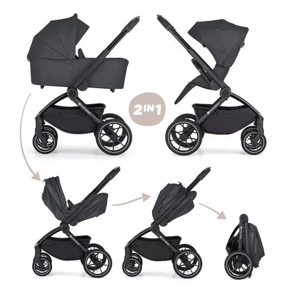 Carucior 2 in 1, Petite&Mars, Scout, Cu landou pliabil, Reversibil, Spatar si suport de picioare reglabile in 3 pozitii, Maner ajustabil, Cu accesorii, Pana la 22 kg, 0 luni+, Gri