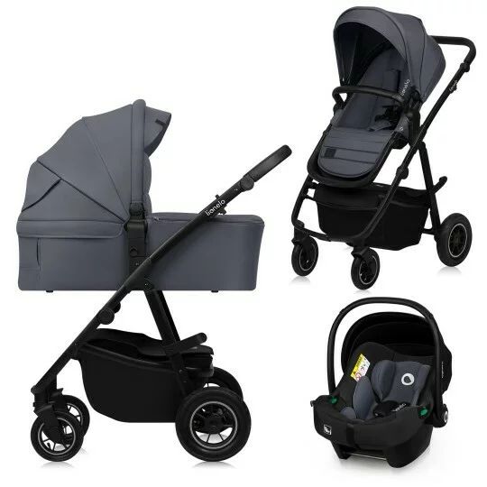 Carucior 3 in 1, Lionelo, Amber Plus, Cadru aluminiu, Cu landou intarit si salteluta moale, Cu scoica auto testata ADAC, Reversibil, Maner ajustabil, Cu accesorii, Cu ventilatie panoramica 3D, Pana la 22 kg, EN1888-1, EN1888-2, EN1466, ECE R129, Gri