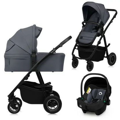Carucior 3 in 1, Lionelo, Amber Plus, Cadru aluminiu, Cu landou intarit si salteluta moale, Cu scoica auto testata ADAC, Reversibil, Maner ajustabil, Cu accesorii, Cu ventilatie panoramica 3D, Pana la 22 kg, EN1888-1, EN1888-2, EN1466, ECE R129, Gri