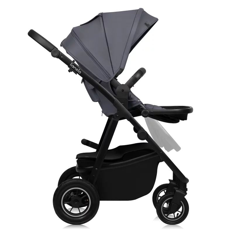Carucior 3 in 1, Lionelo, Amber Plus, Cadru aluminiu, Cu landou intarit si salteluta moale, Cu scoica auto testata ADAC, Reversibil, Maner ajustabil, Cu accesorii, Cu ventilatie panoramica 3D, Pana la 22 kg, EN1888-1, EN1888-2, EN1466, ECE R129, Gri