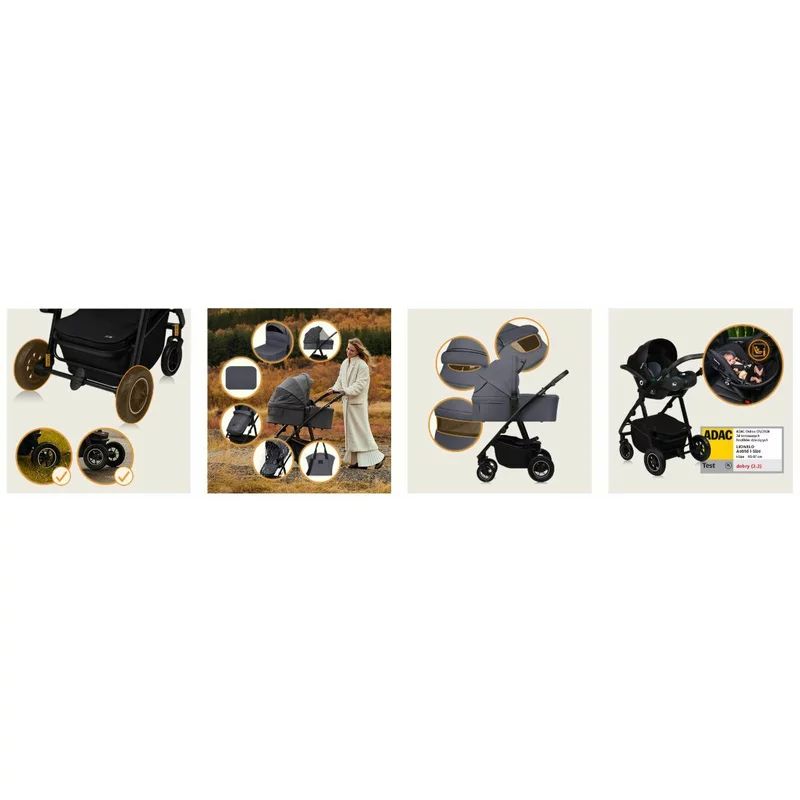 Carucior 3 in 1, Lionelo, Amber Plus, Cadru aluminiu, Cu landou intarit si salteluta moale, Cu scoica auto testata ADAC, Reversibil, Maner ajustabil, Cu accesorii, Cu ventilatie panoramica 3D, Pana la 22 kg, EN1888-1, EN1888-2, EN1466, ECE R129, Gri
