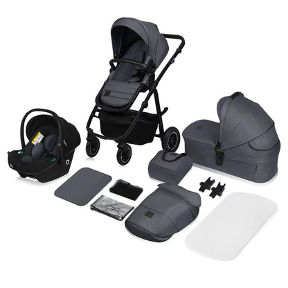 Carucior 3 in 1, Lionelo, Amber Plus, Cadru aluminiu, Cu landou intarit si salteluta moale, Cu scoica auto testata ADAC, Reversibil, Maner ajustabil, Cu accesorii, Cu ventilatie panoramica 3D, Pana la 22 kg, EN1888-1, EN1888-2, EN1466, ECE R129, Gri