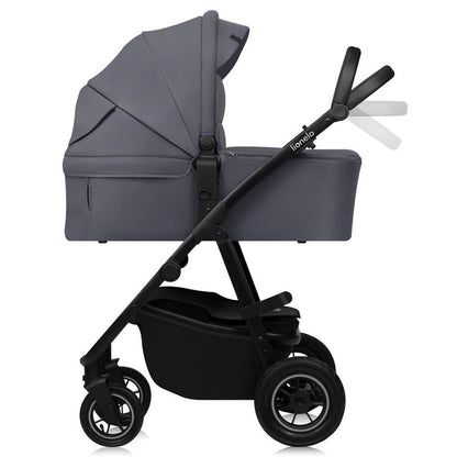 Carucior 3 in 1, Lionelo, Amber Plus, Cadru aluminiu, Cu landou intarit si salteluta moale, Cu scoica auto testata ADAC, Reversibil, Maner ajustabil, Cu accesorii, Cu ventilatie panoramica 3D, Pana la 22 kg, EN1888-1, EN1888-2, EN1466, ECE R129, Gri