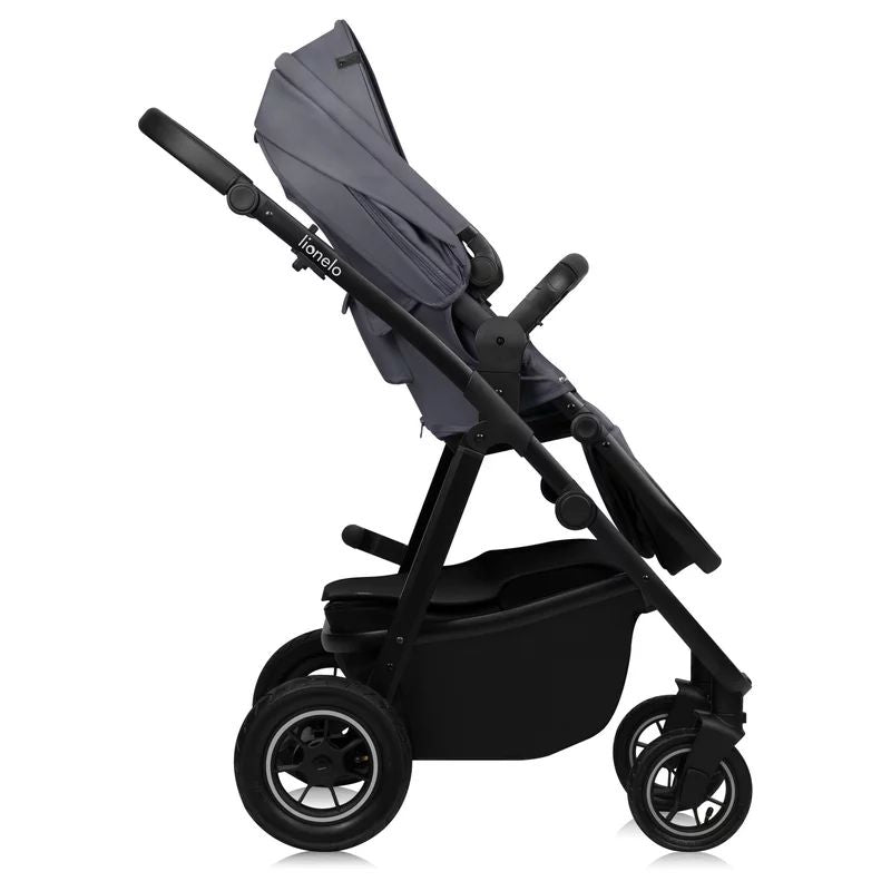 Carucior 3 in 1, Lionelo, Amber Plus, Cadru aluminiu, Cu landou intarit si salteluta moale, Cu scoica auto testata ADAC, Reversibil, Maner ajustabil, Cu accesorii, Cu ventilatie panoramica 3D, Pana la 22 kg, EN1888-1, EN1888-2, EN1466, ECE R129, Gri