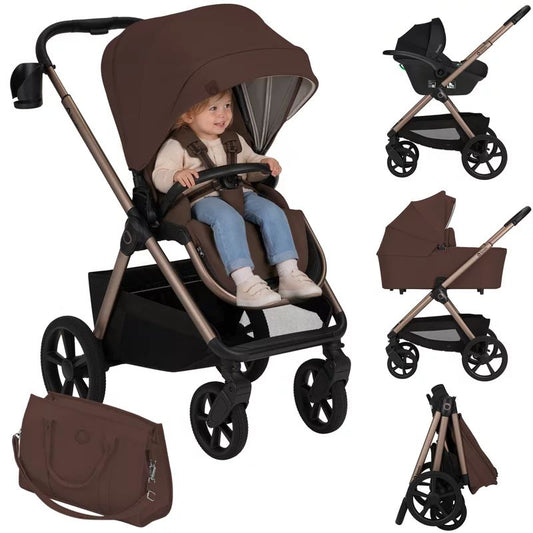 Carucior 3 in 1, Lionelo, Carmine, Cu scoica ADAC, Landou anti-reflux, Salteluta ventilata, Reglare spatar in 3 pozitii, Suport de picioare in 3 pozitii, Maner reglabil in 5 pozitii, Sustine 22 kg, Cu accesorii, 0 luni+, Ciocolatiu