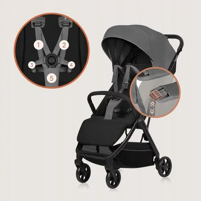 Carucior sport, Lionelo, Julie Air, Greutate redusa - 7.5 kg, Sustine 22 kg, 6 luni+, Capotina impermeabila, Protectie SPF 50+, Include suport sticla, Pliere compacta pentru calatorii, Conform cu EN1888-1 si EN1888-2, Gri
