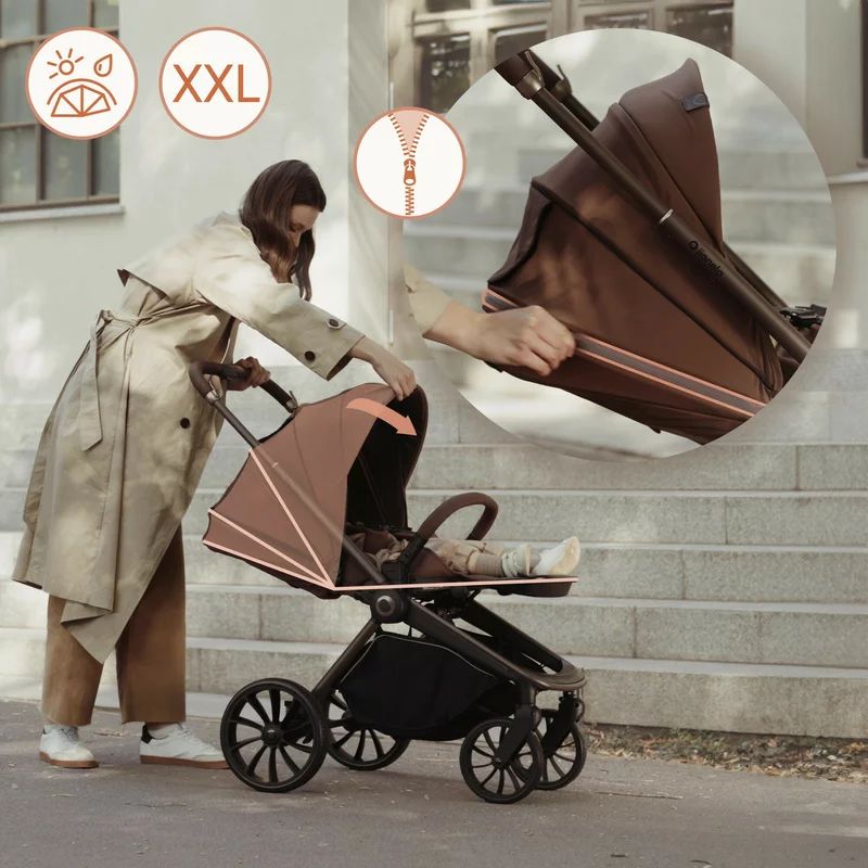 Carucior sport, Lionelo, Mika Plus, Cadru din aluminiu, Copertina XXL, Spatar reglabil in 3 pozitii, Cu accesorii, Pana la 22 kg, 6-48 luni; EN1888-1, EN1888-2 EN1466, Mocha Mousse