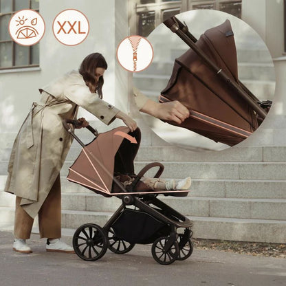 Carucior sport, Lionelo, Mika Plus, Cadru din aluminiu, Copertina XXL, Spatar reglabil in 3 pozitii, Cu accesorii, Pana la 22 kg, 6-48 luni; EN1888-1, EN1888-2 EN1466, Mocha Mousse